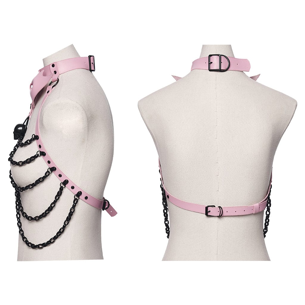 PUNK RAVE Women's Punk Skull Halterneck Chain Body Harness with Detachable Batwing Knot Black-Pink