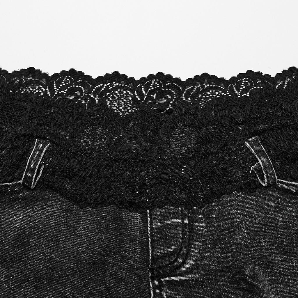 PUNK RAVE Women's Punk Skull Lace Splice Unedged Shorts