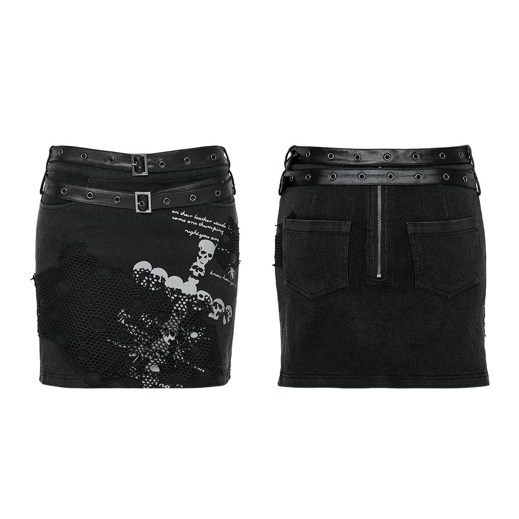 PUNK RAVE Women's Punk Skull Mesh Splice Short Skrit with Belt