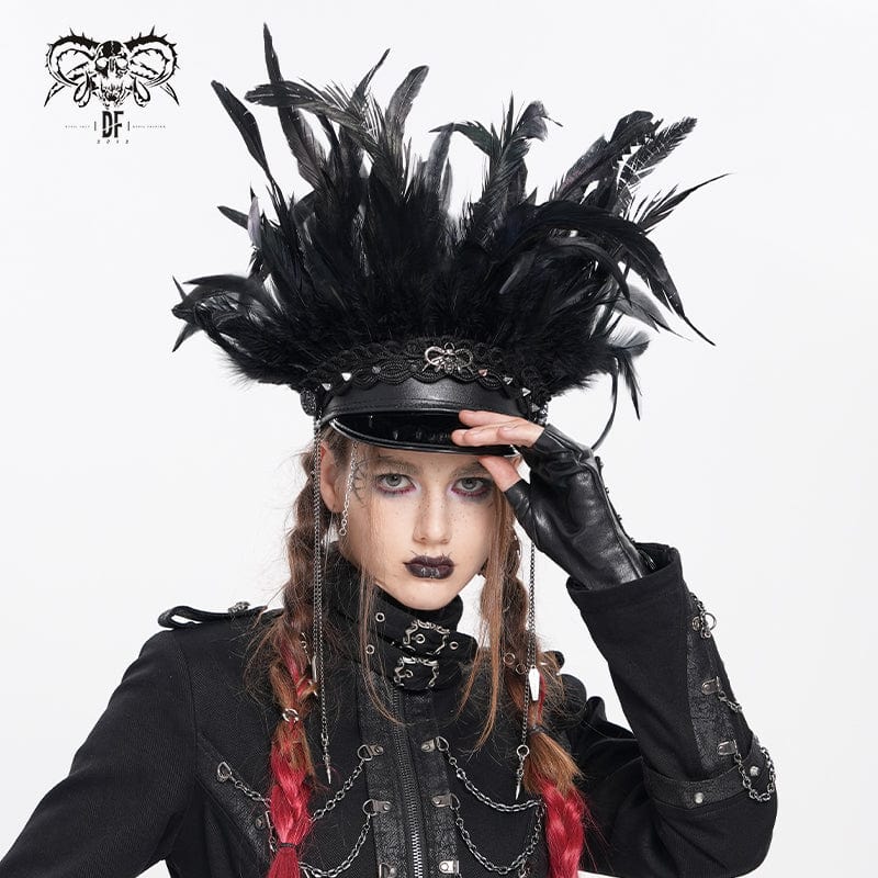 PUNK RAVE Women's Punk Skull Plumed Chain Hat
