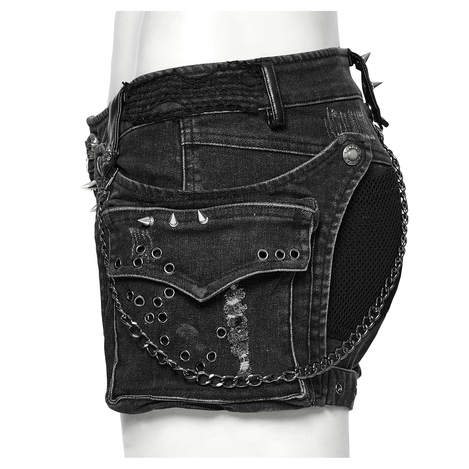 PUNK RAVE Women's Punk Skull Ripped Denim Shorts with Pocket
