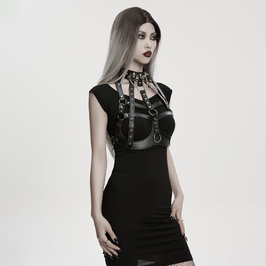 PUNK RAVE Women's Punk Skull&Rivets Hollow-out Faux Leather Body Harness