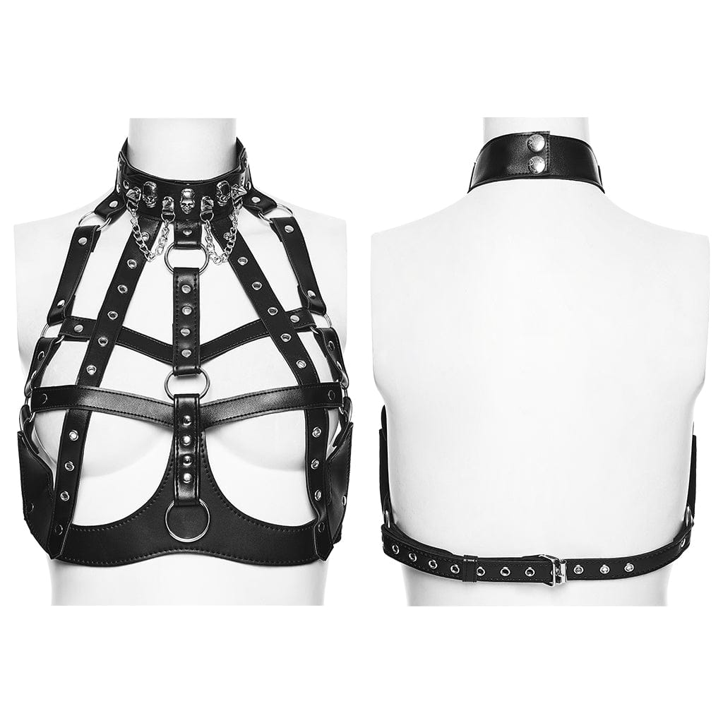 PUNK RAVE Women's Punk Skull&Rivets Hollow-out Faux Leather Body Harness