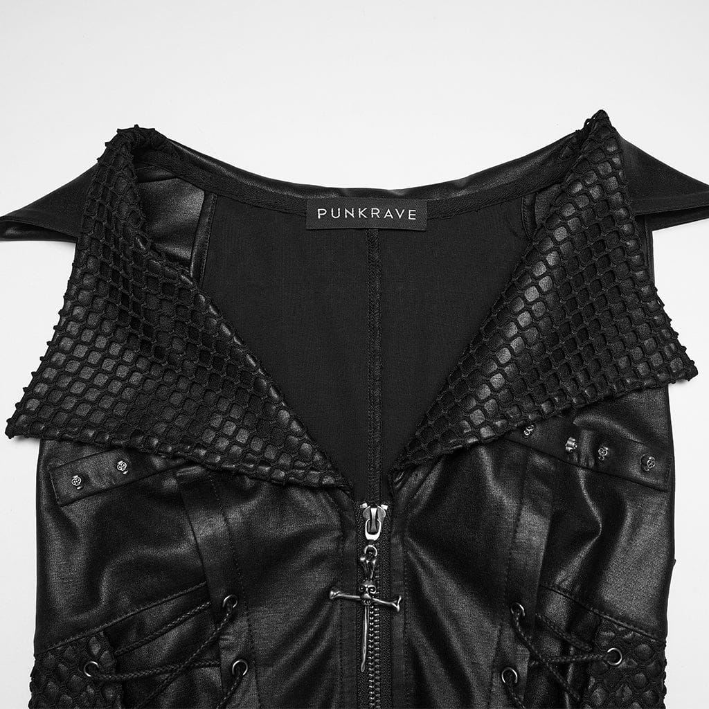 PUNK RAVE Women's Punk Skull Rivets Lace-up Turn-down Collar Vest