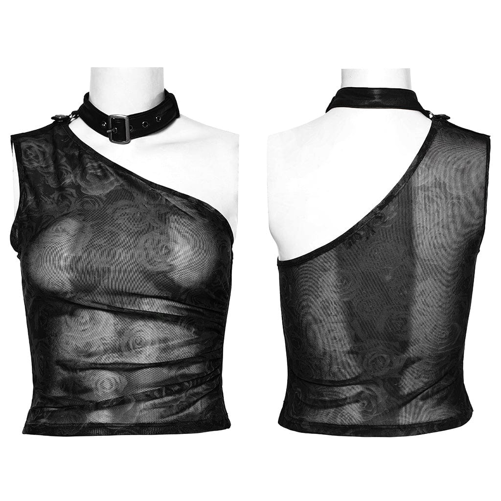 PUNK RAVE Women's Punk Slash Shoulder Halterneck Mesh Tank Top Black