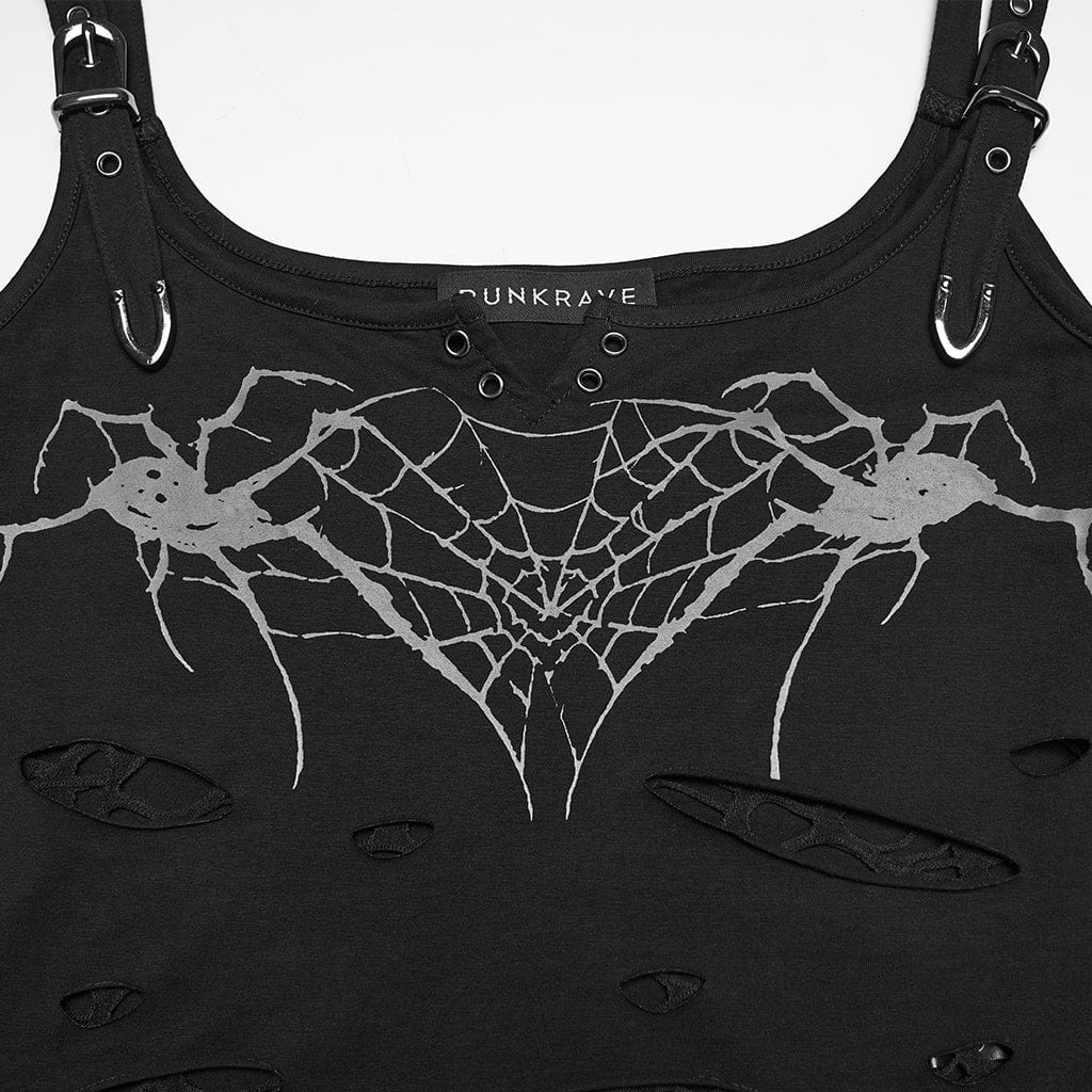 PUNK RAVE Women's Punk Spiders&Web Printed Tattered Tank Top Black