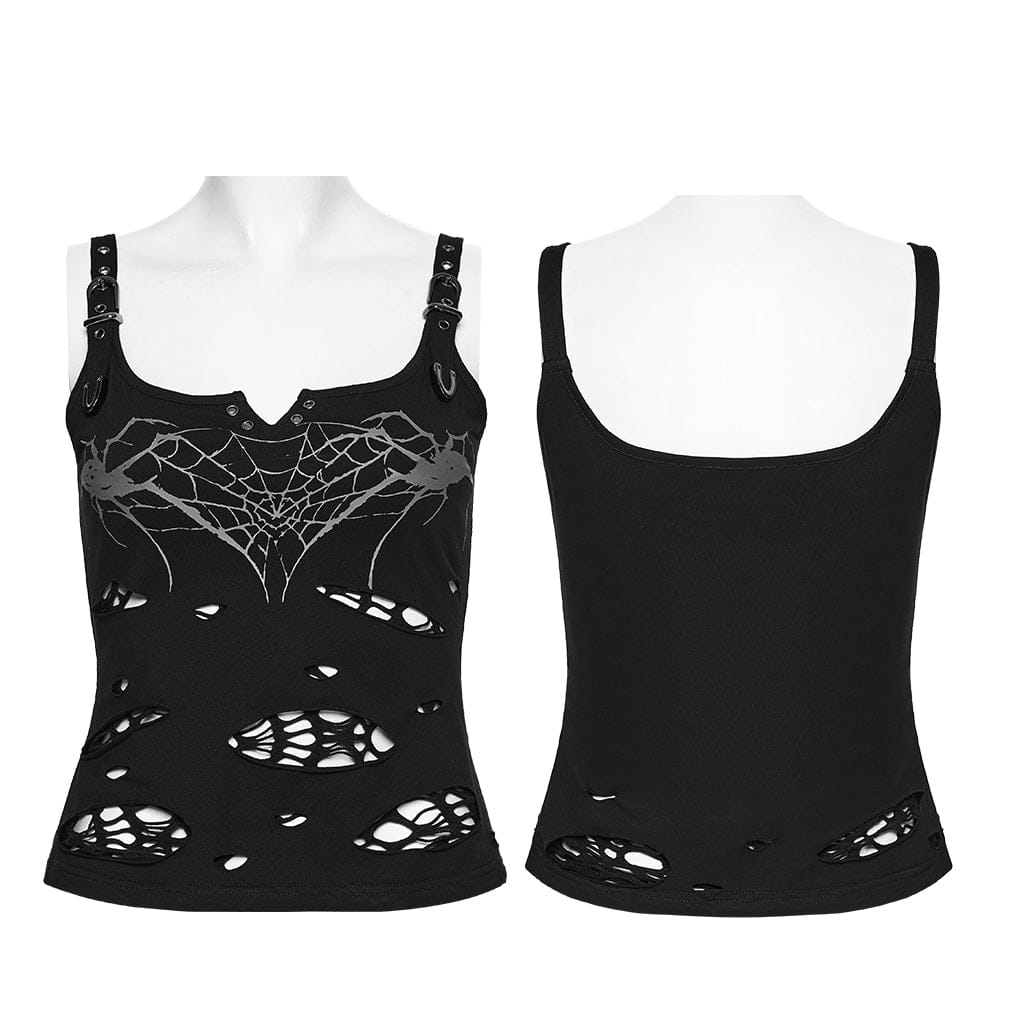 PUNK RAVE Women's Punk Spiders&Web Printed Tattered Tank Top Black