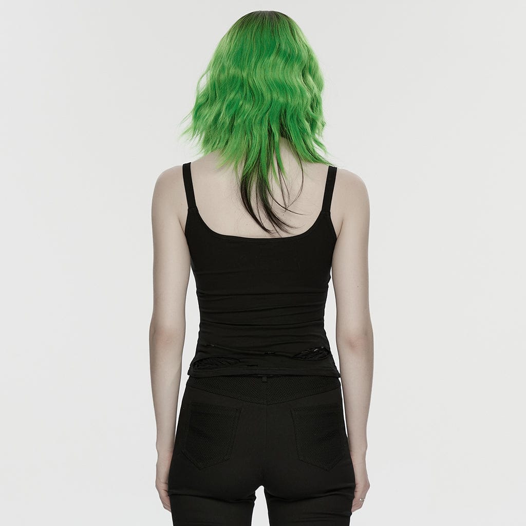 PUNK RAVE Women's Punk Spiders&Web Printed Tattered Tank Top Black