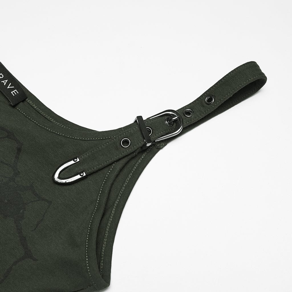 PUNK RAVE Women's Punk Spiders&Web Printed Tattered Tank Top Black-Green