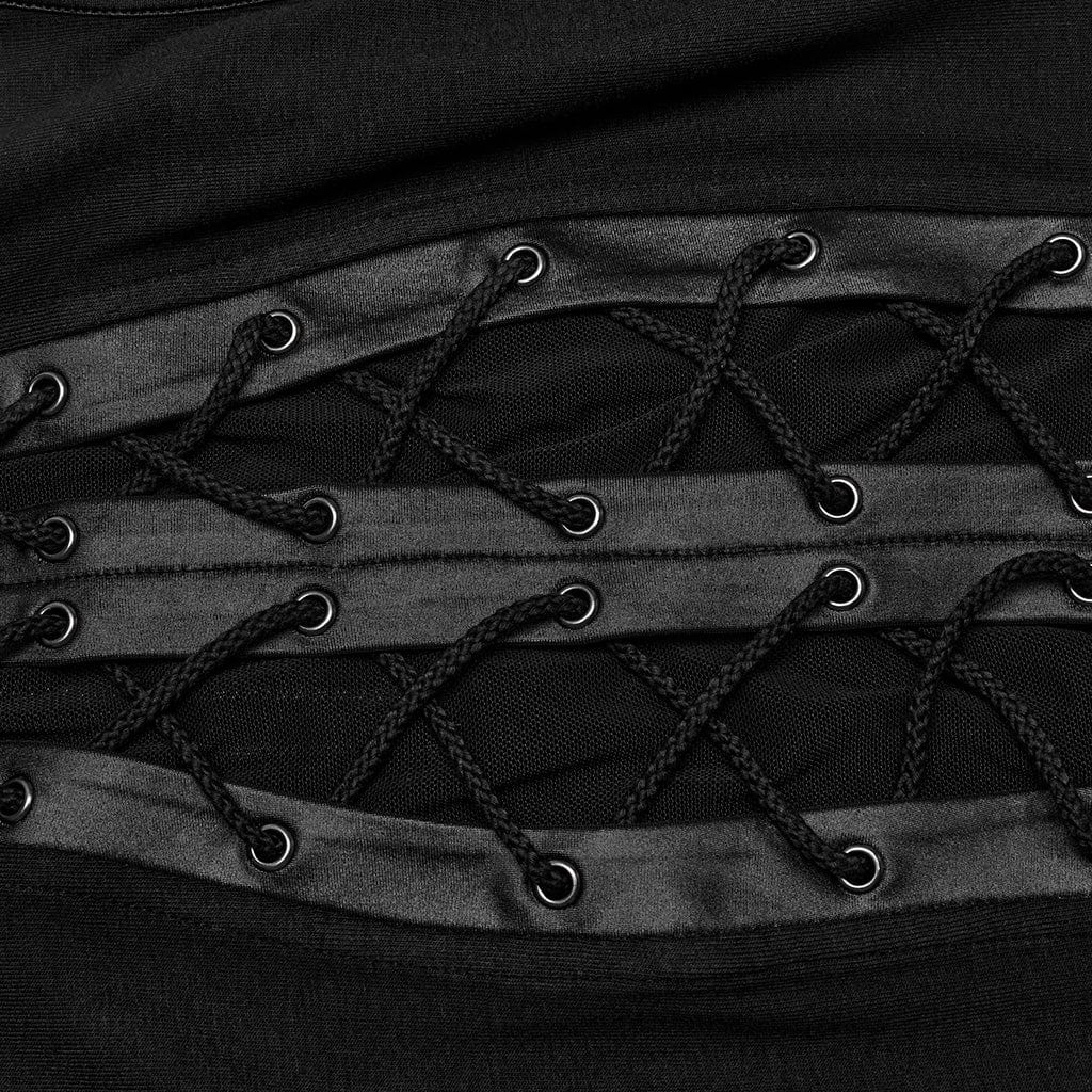 PUNK RAVE Women's Punk Stand Collar Mesh Splice Strappy Tank Top Black