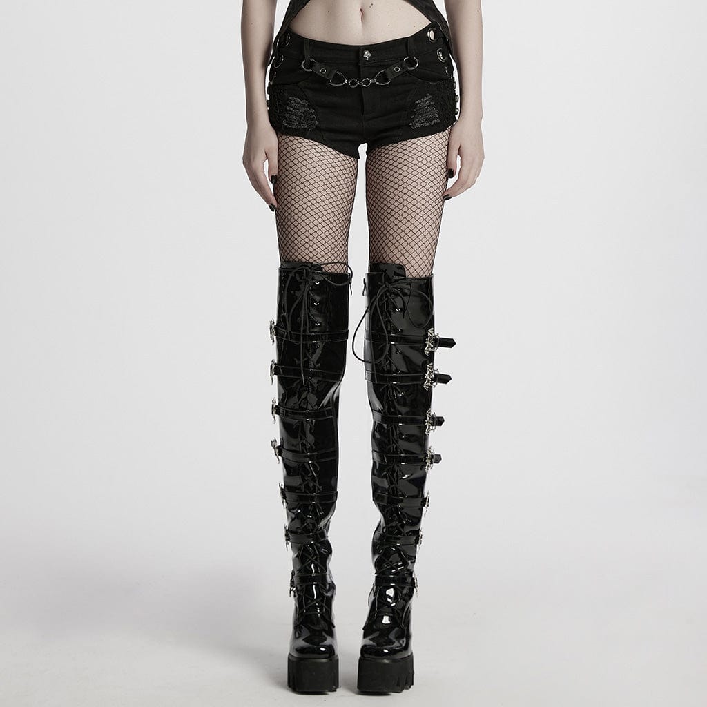 PUNK RAVE Women's Punk Strappy Studded Ripped Shorts