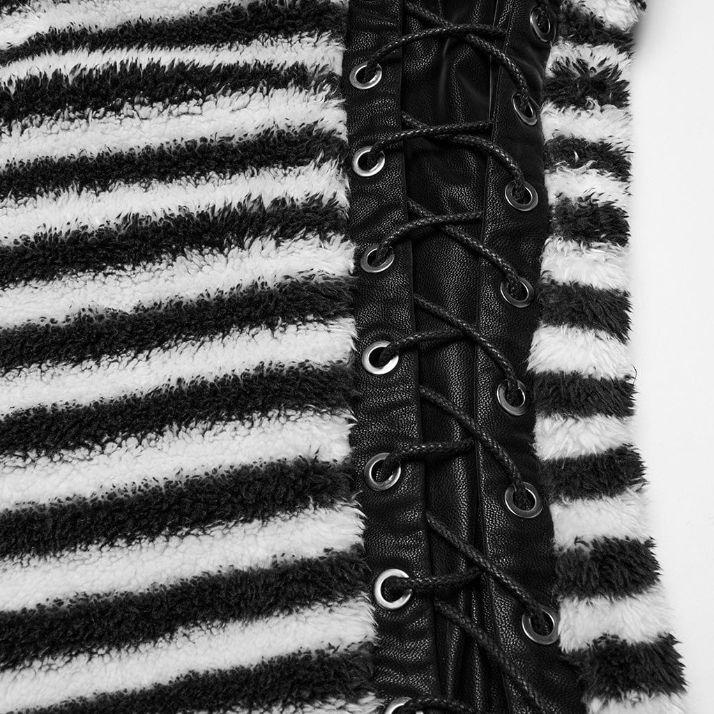 PUNK RAVE Women's Punk Striped Fluffy Hoodies with Big Ear Hood