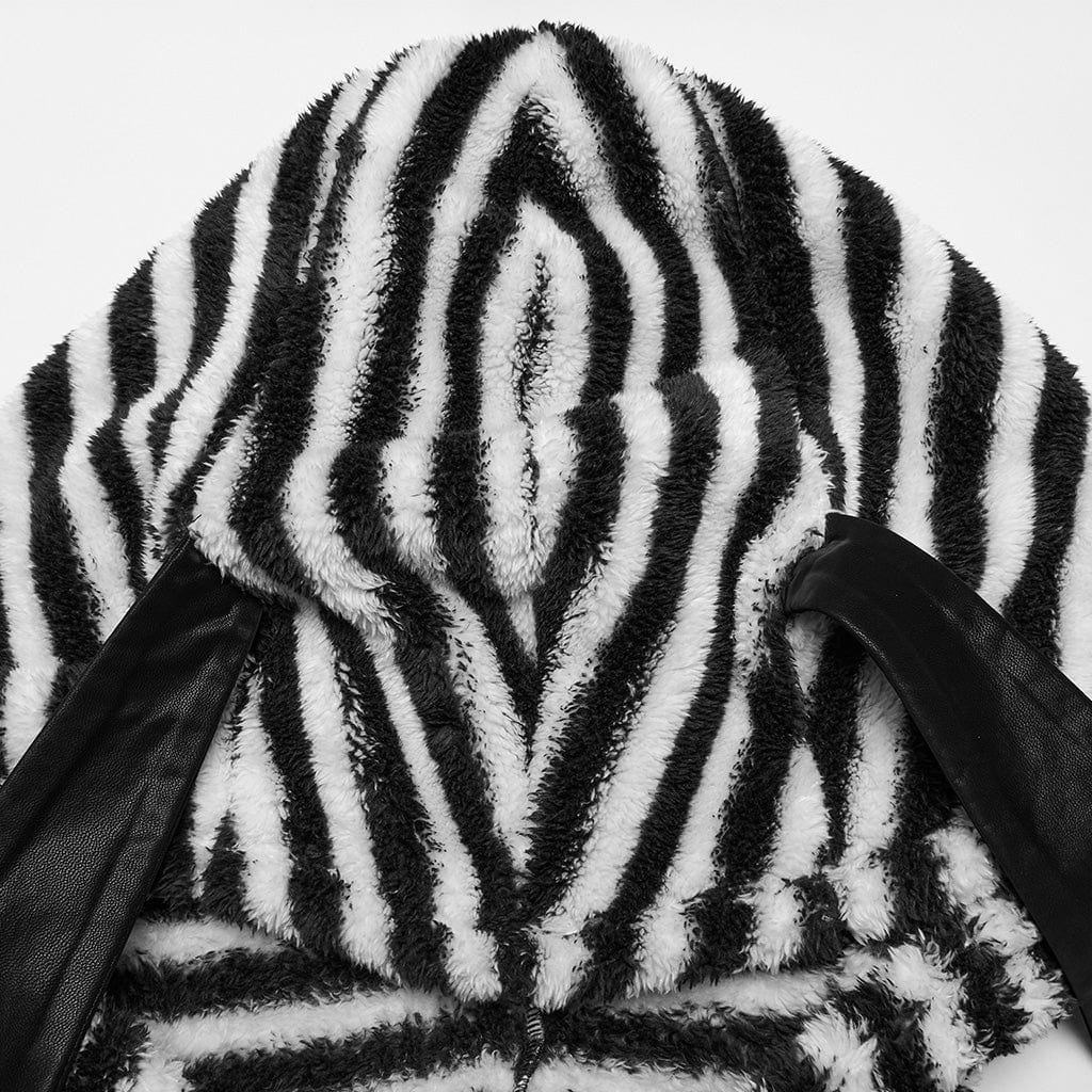PUNK RAVE Women's Punk Striped Fluffy Hoodies with Big Ear Hood