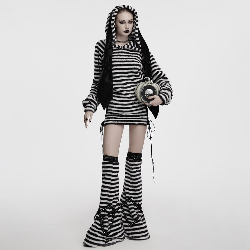 PUNK RAVE Women's Punk Striped Fluffy Hoodies with Big Ear Hood