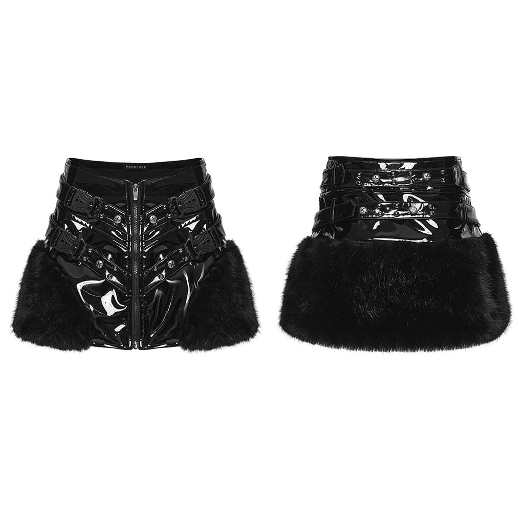 PUNK RAVE Women's Punk Studded Buckle Strap Faux Fur Panel Mini Skirt