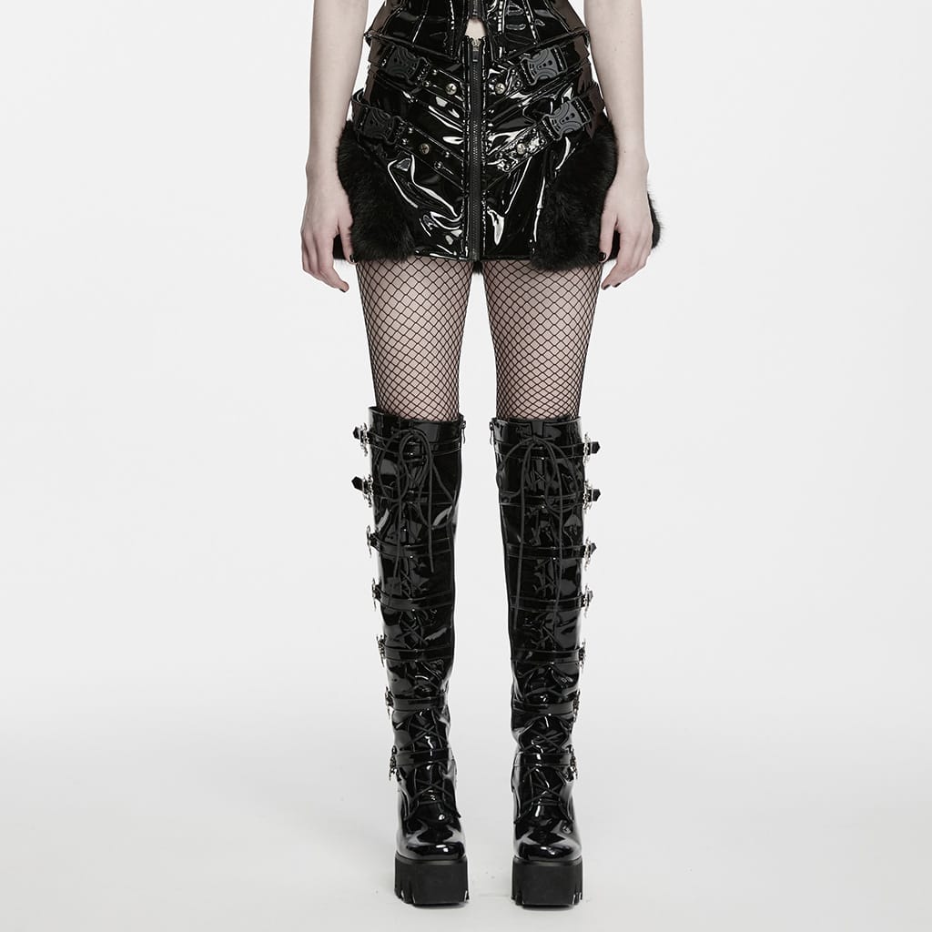 PUNK RAVE Women's Punk Studded Buckle Strap Faux Fur Panel Mini Skirt