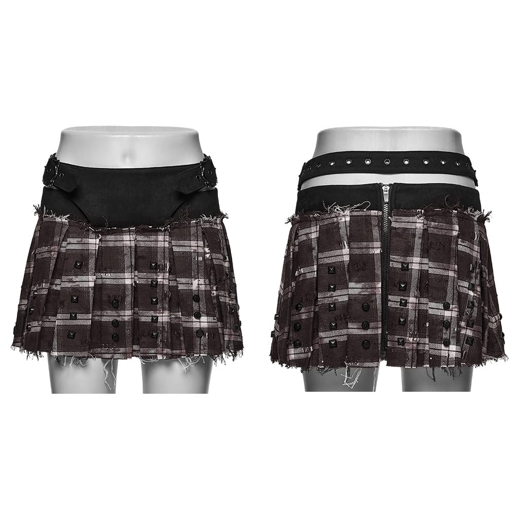 PUNK RAVE Women's Punk Studded Buckle Strap Plaid Pleated Skirt