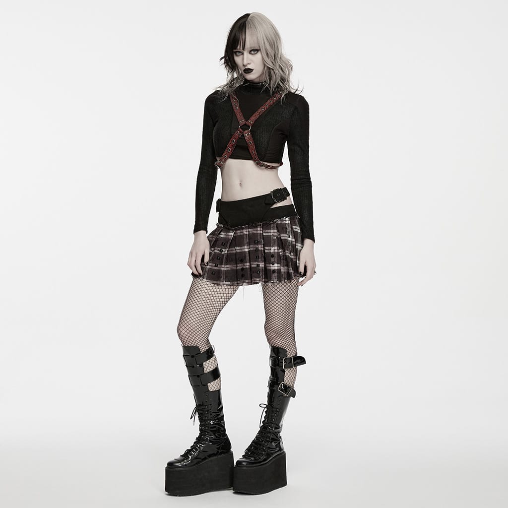 PUNK RAVE Women's Punk Studded Buckle Strap Plaid Pleated Skirt