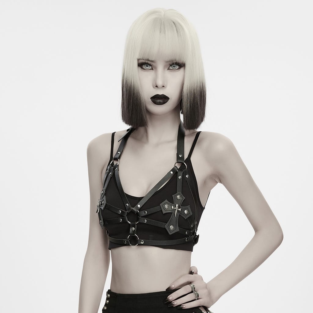 PUNK RAVE Women's Punk Studded Cross Halter Chest Body Harness