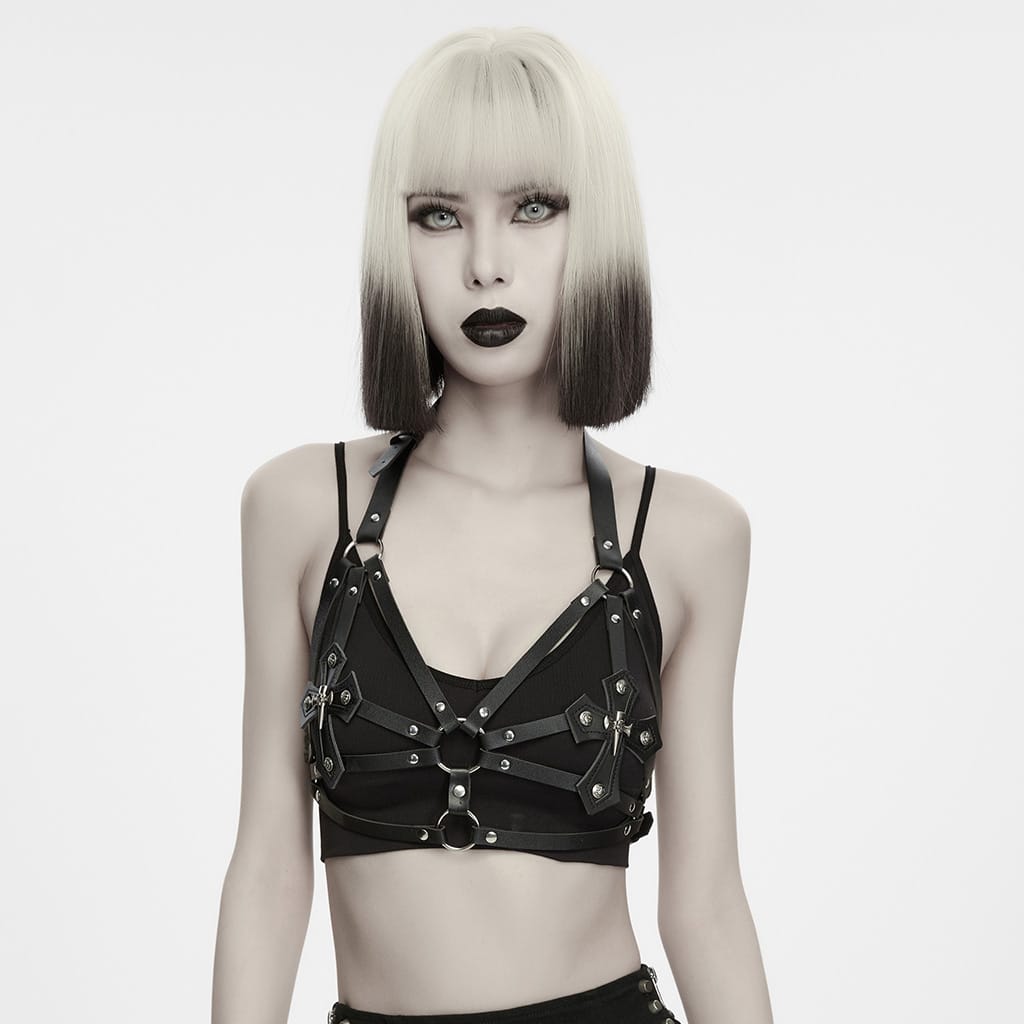 PUNK RAVE Women's Punk Studded Cross Halter Chest Body Harness