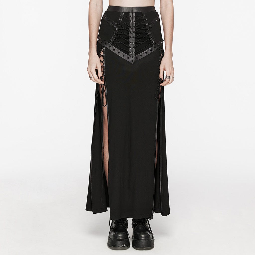 PUNK RAVE Women's Punk Studded Lace-up Fishtail Skirt Black