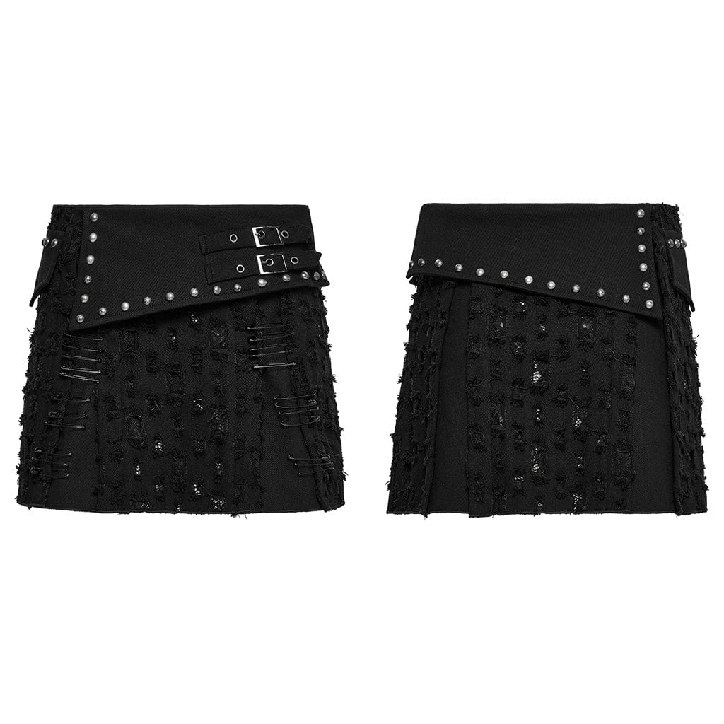 PUNK RAVE Women's Punk Studded Ripped Denim Skirt