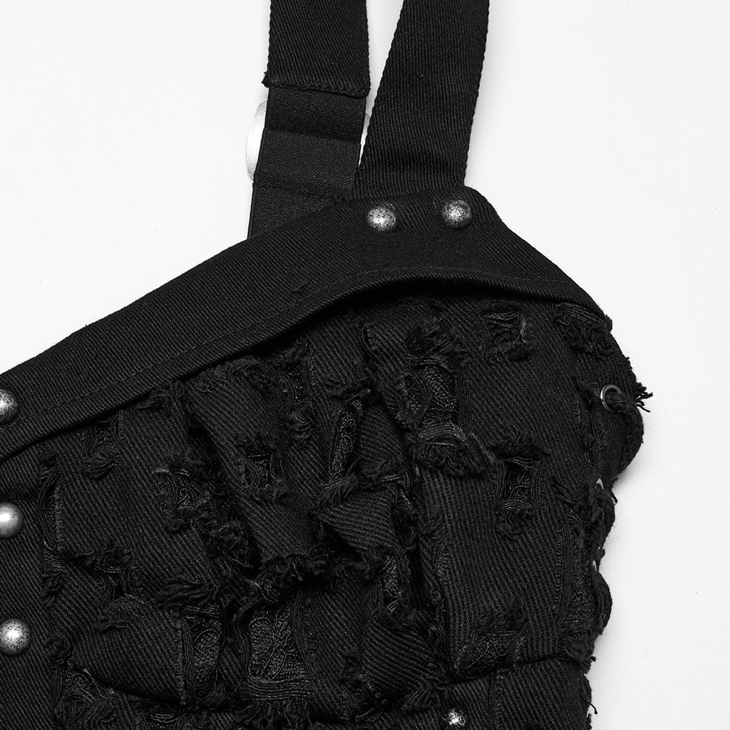 PUNK RAVE Women's Punk Studded Ripped Lace-up Tank Top