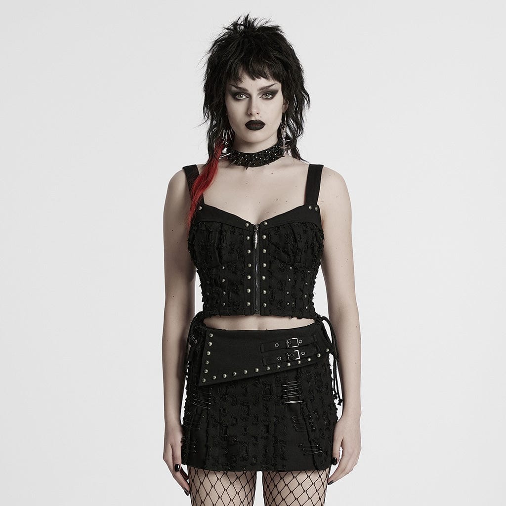 PUNK RAVE Women's Punk Studded Ripped Lace-up Tank Top