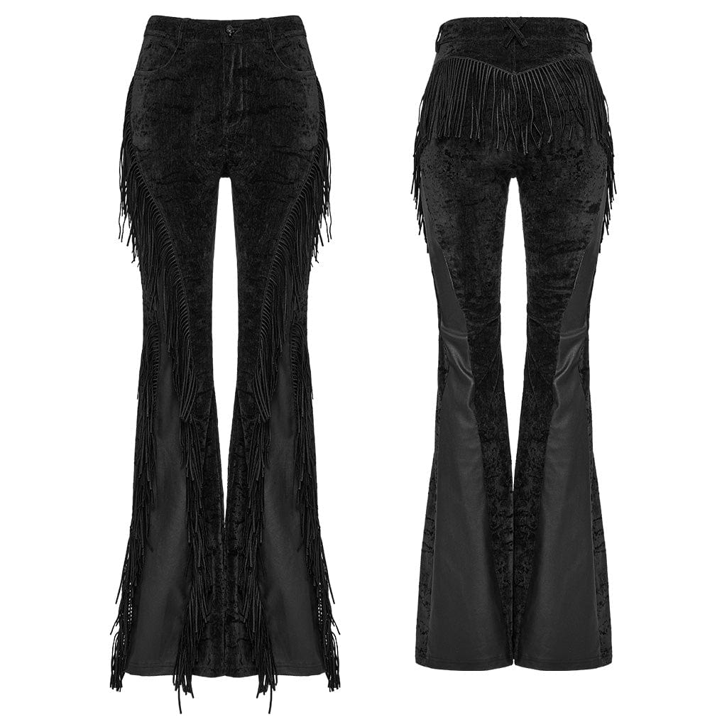 PUNK RAVE Women's Punk Tassel Splice Flared Pants Black