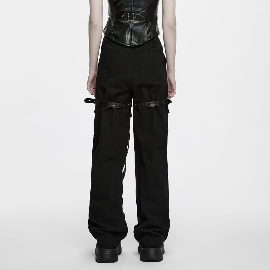 PUNK RAVE Women's Punk Thigh Buckle Crisscross Strap Multi Pocket Straight-leg Pants