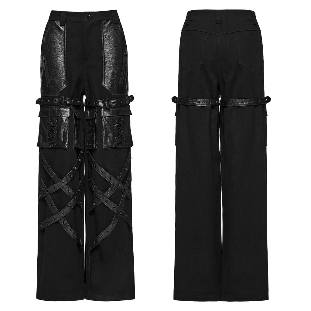 PUNK RAVE Women's Punk Thigh Buckle Crisscross Strap Multi Pocket Straight-leg Pants