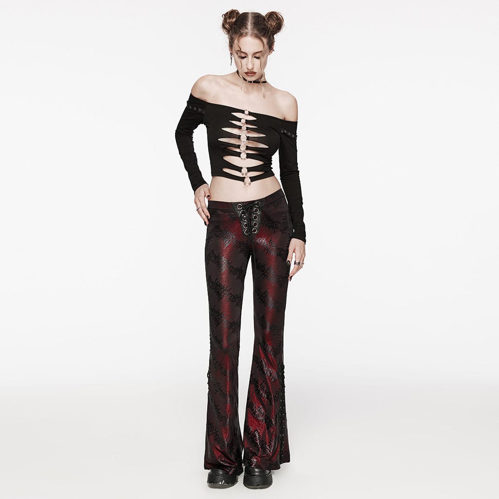 PUNK RAVE Women's Punk Thorns Printed Lace-up Flared Pants Red