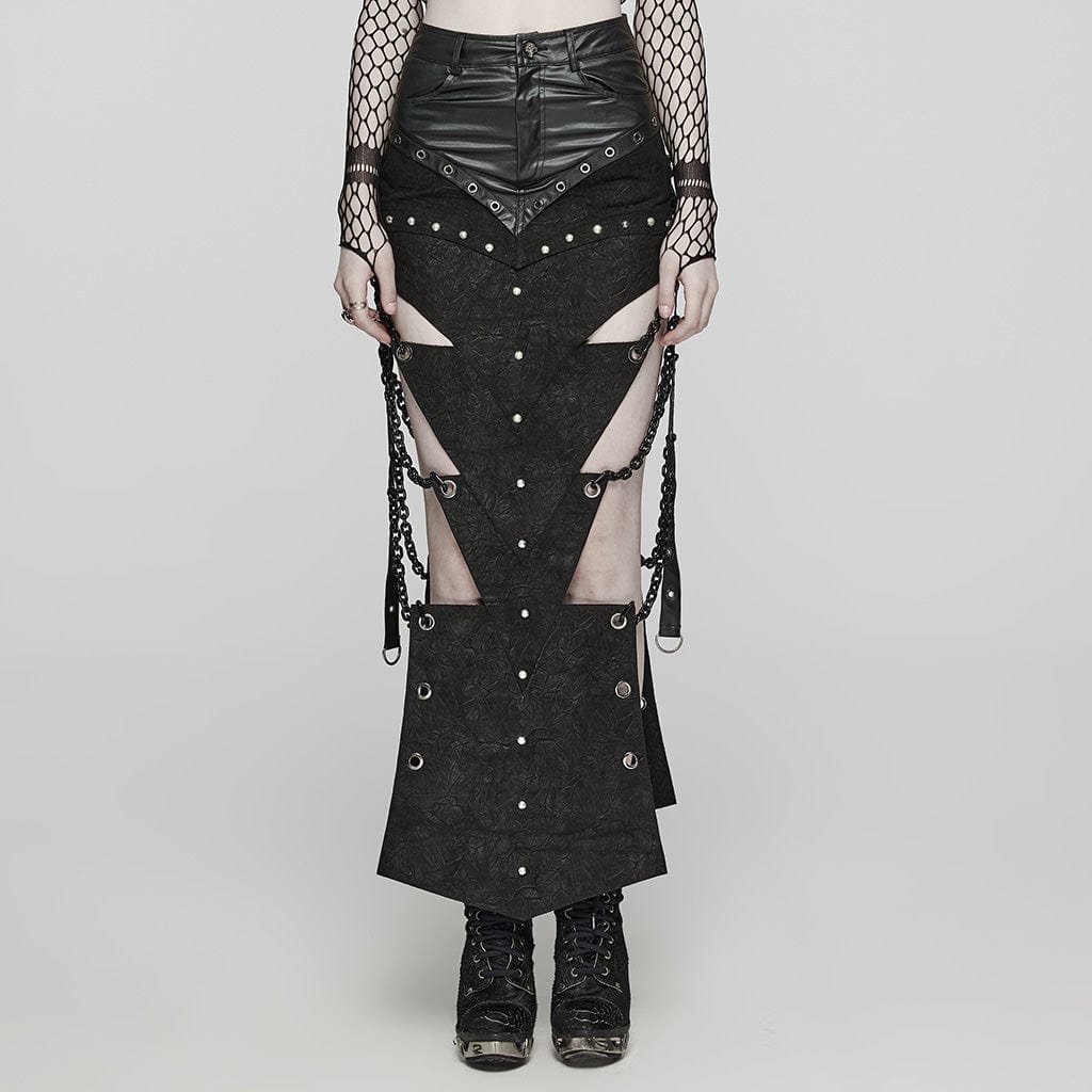 PUNK RAVE Women's Punk  Triangular Pieces Eyelet Cutout Chain Long Skirt