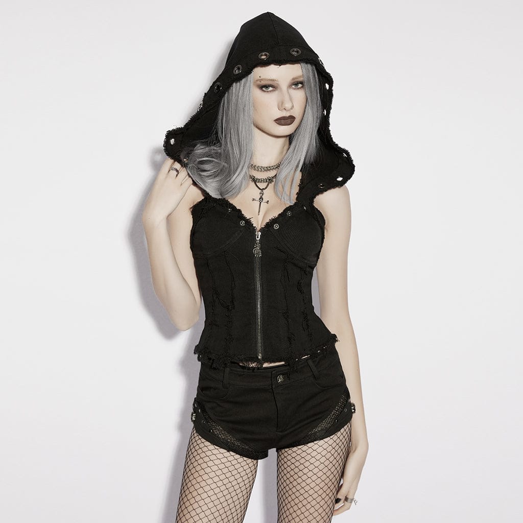 PUNK RAVE Women's Punk Unedged Zip Vest with Detachable Hood