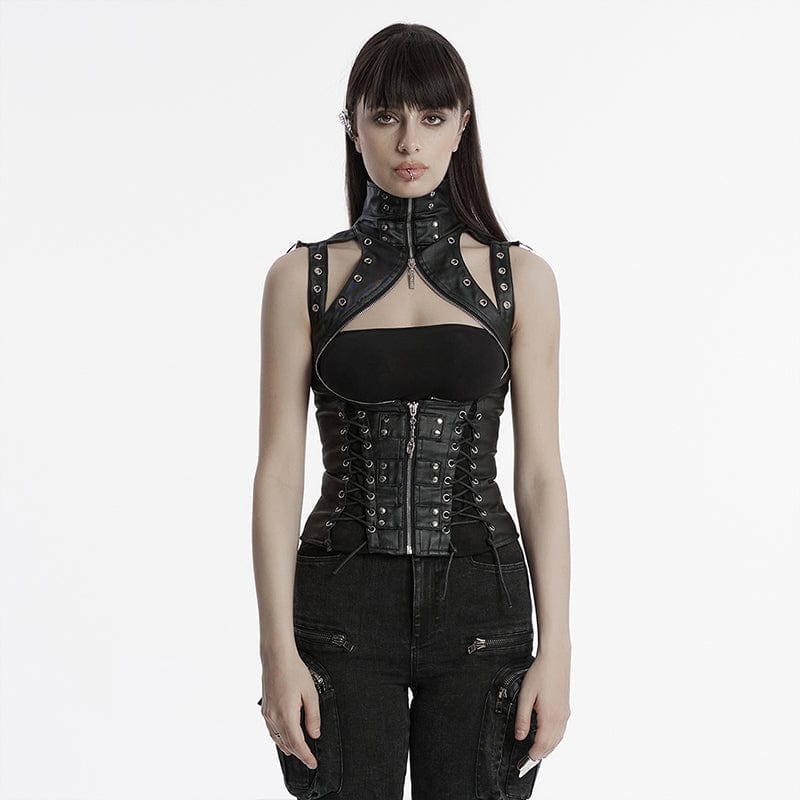 PUNK RAVE Women's Steampunk Domineering High Collar Rivets Lace Up Corsets