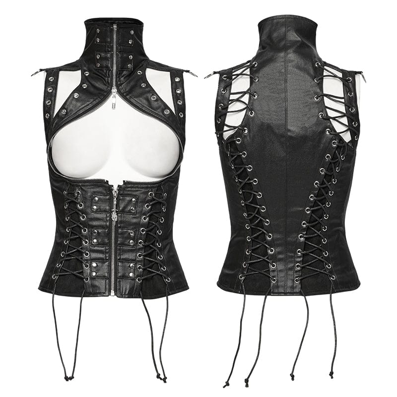 PUNK RAVE Women's Steampunk Domineering High Collar Rivets Lace Up Corsets