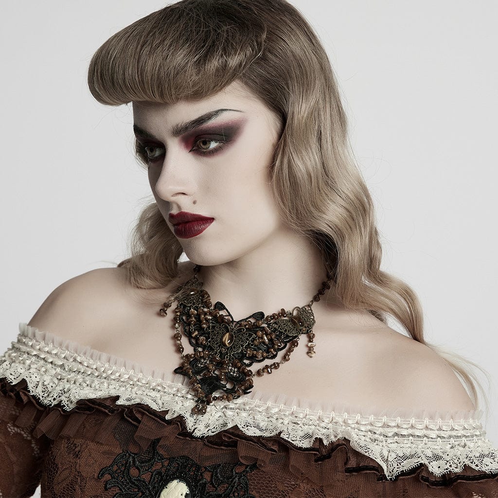 PUNK RAVE Women's Steampunk Irregular Beaded Butterfly Necklace Amber