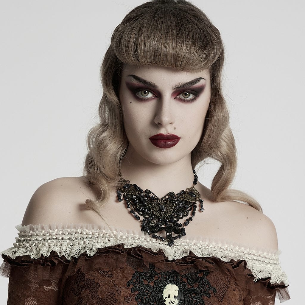 PUNK RAVE Women's Steampunk Irregular Beaded Butterfly Necklace Black