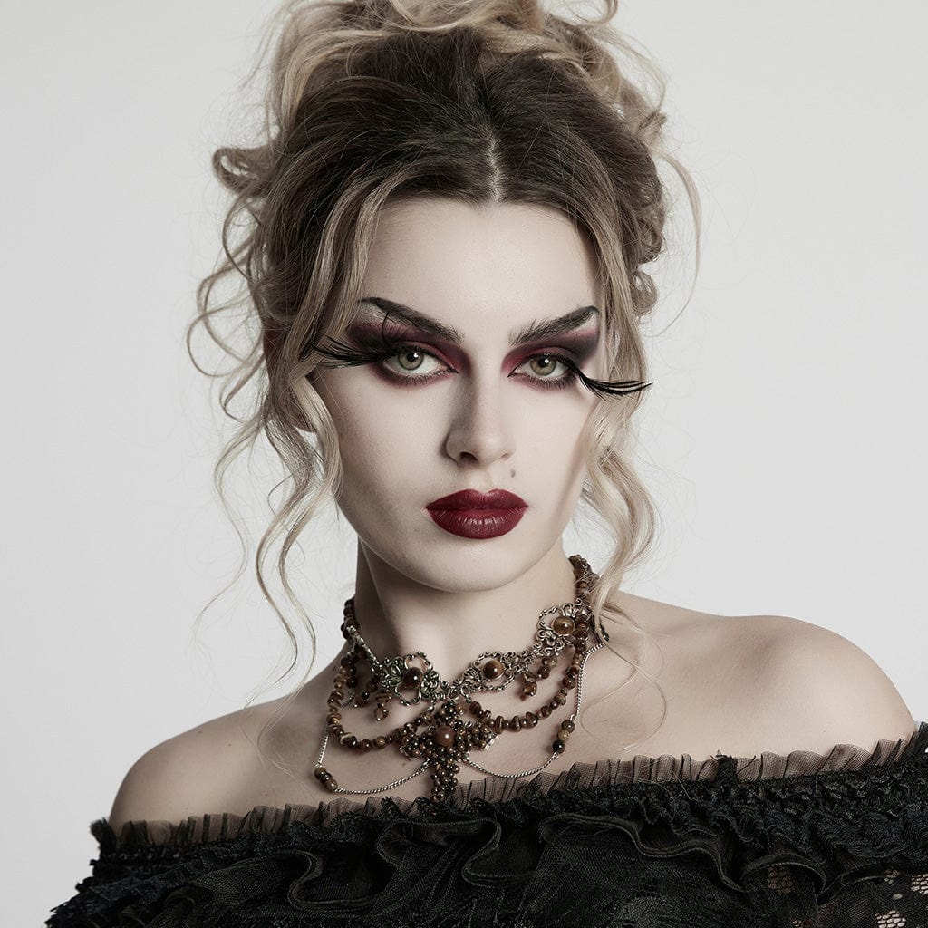 PUNK RAVE Women's Steampunk Irregular Beaded Cross Necklace Amber