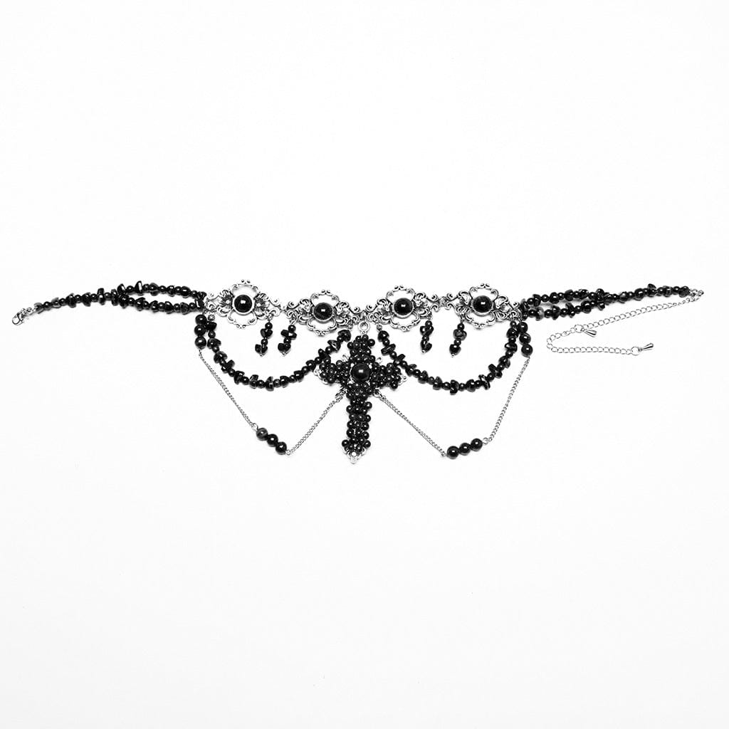 PUNK RAVE Women's Steampunk Irregular Beaded Cross Necklace Black