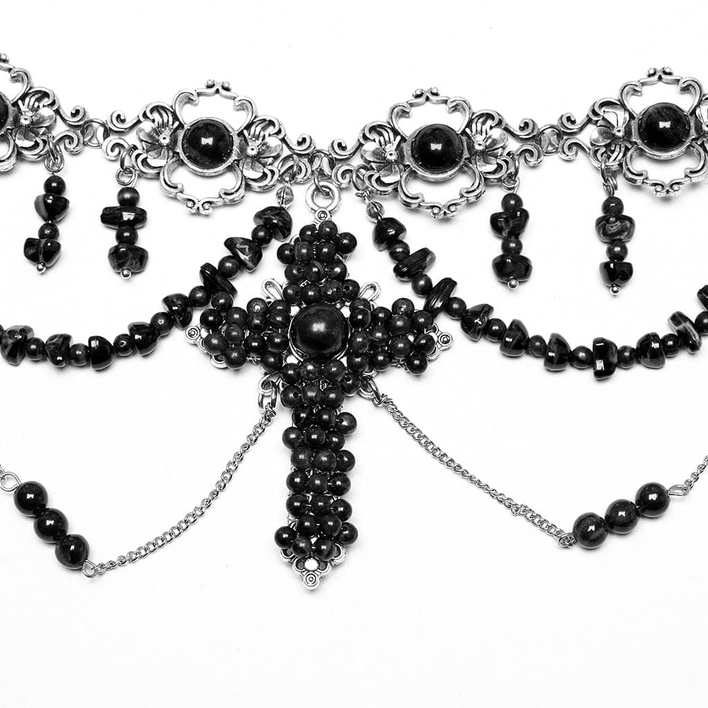 PUNK RAVE Women's Steampunk Irregular Beaded Cross Necklace Black