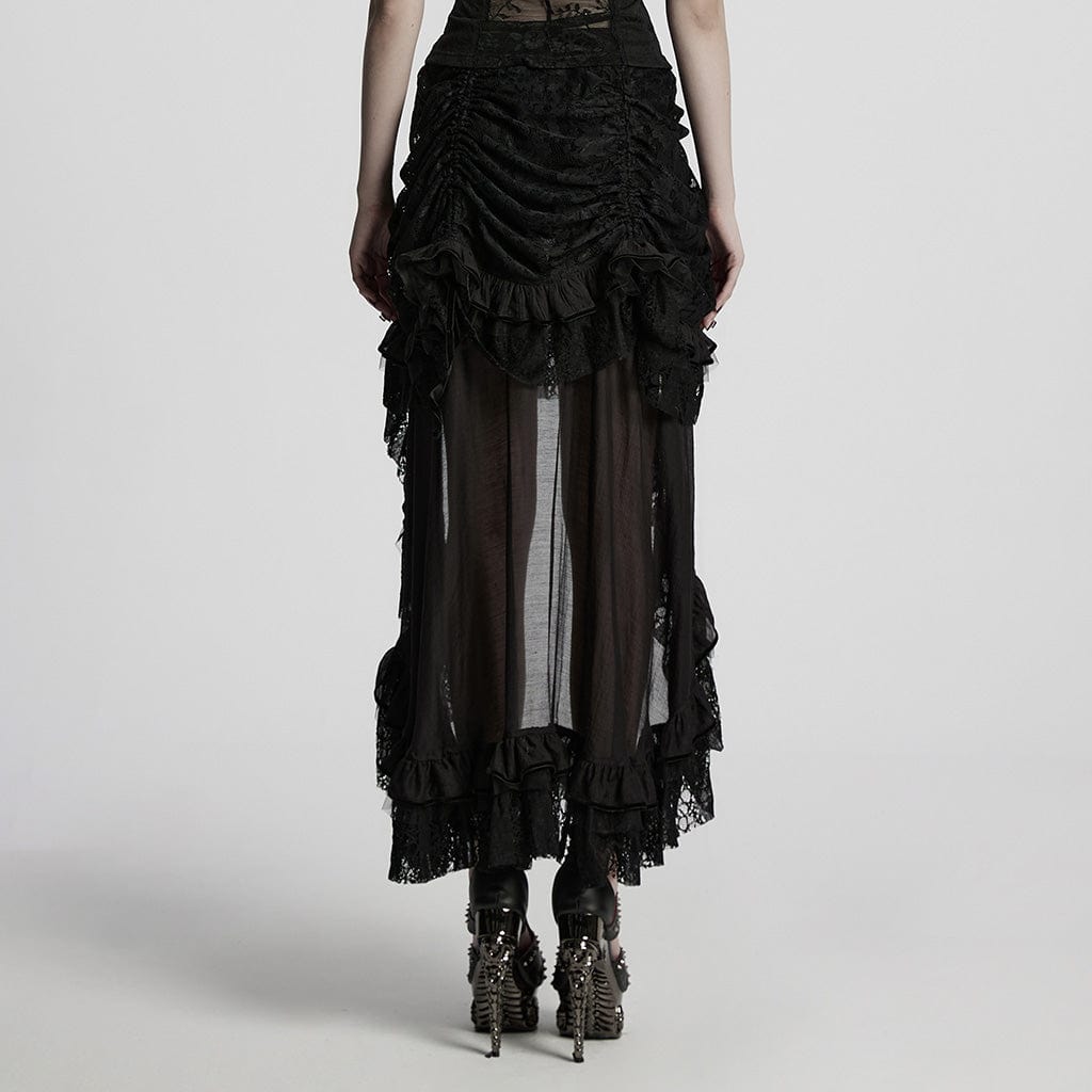 PUNK RAVE Women's Steampunk Lace Hem Drawstring Skirt Black