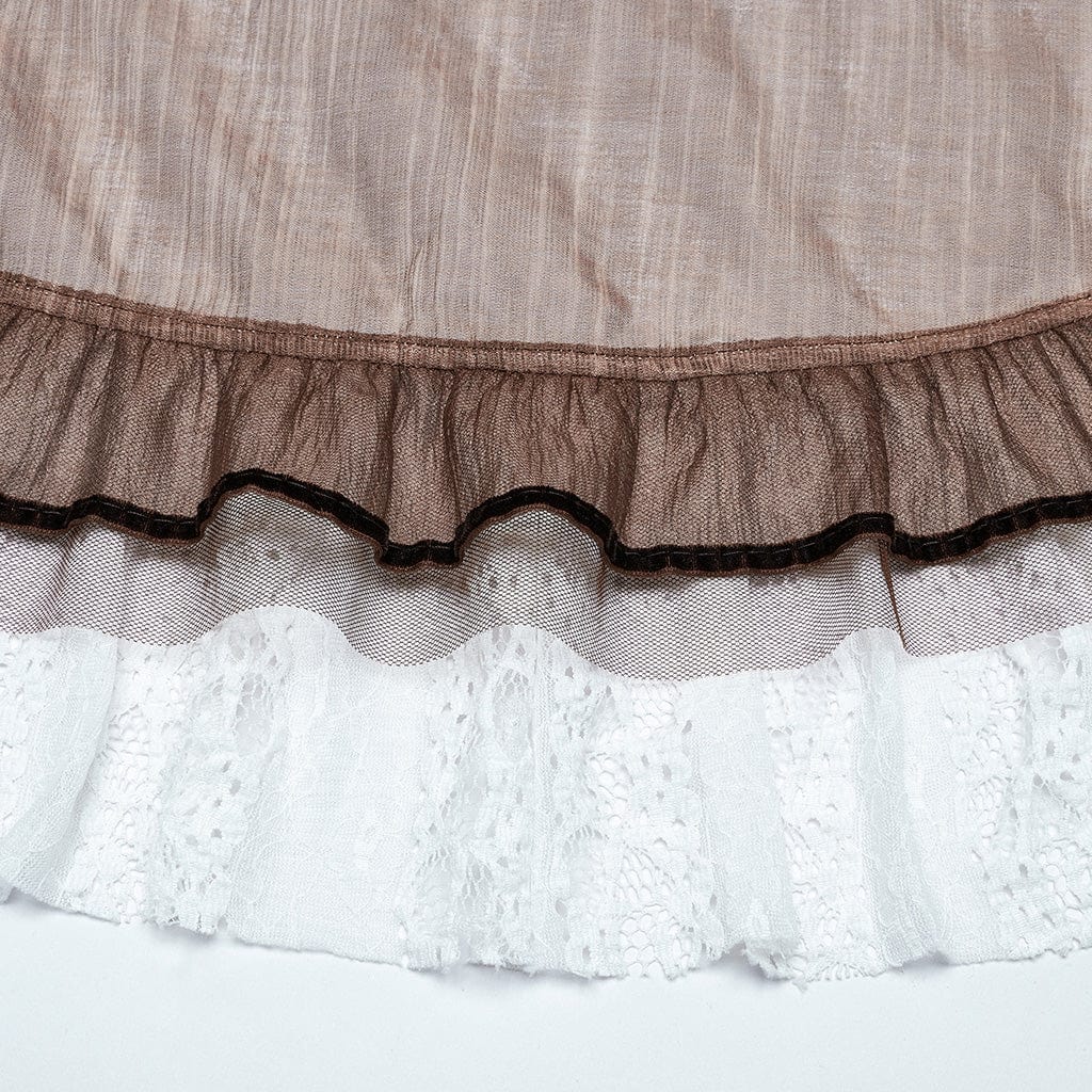 PUNK RAVE Women's Steampunk Lace Hem Drawstring Skirt Coffee