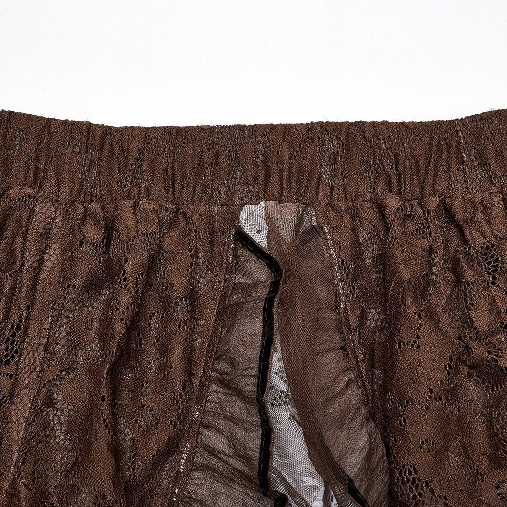 PUNK RAVE Women's Steampunk Lace Hem Drawstring Skirt Coffee