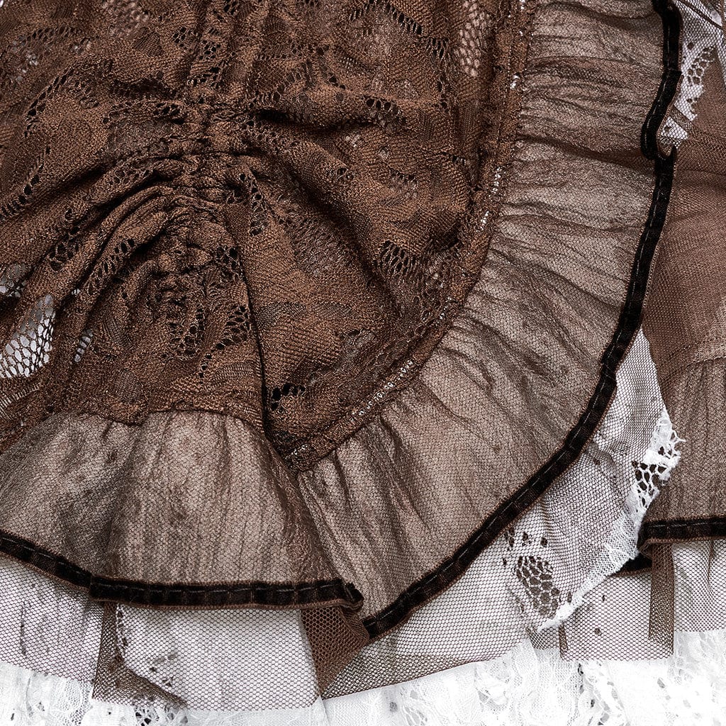 PUNK RAVE Women's Steampunk Lace Hem Drawstring Skirt Coffee