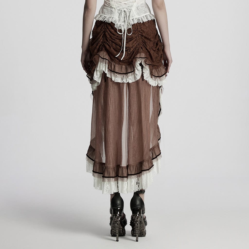 PUNK RAVE Women's Steampunk Lace Hem Drawstring Skirt Coffee