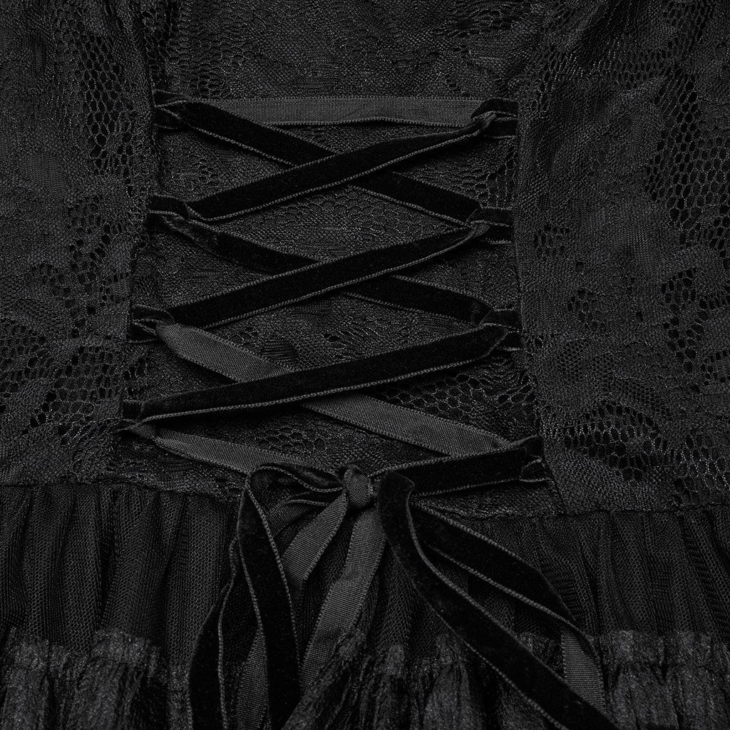 PUNK RAVE Women's Steampunk Off-the-shoulder Layered Gown Dress Black