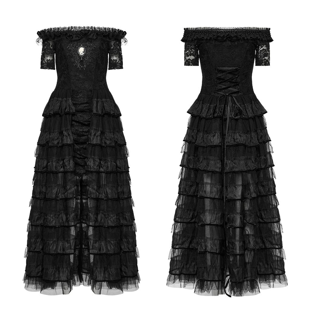 PUNK RAVE Women's Steampunk Off-the-shoulder Layered Gown Dress Black