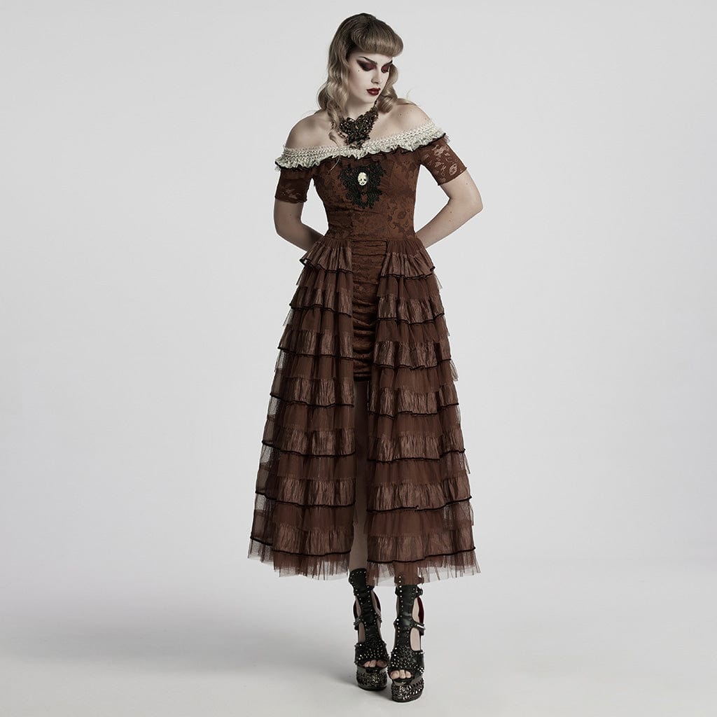 PUNK RAVE Women's Steampunk Off-the-shoulder Layered Gown Dress Coffee