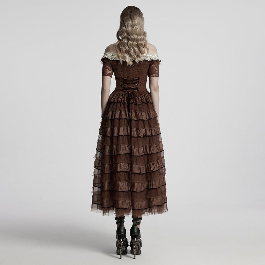PUNK RAVE Women's Steampunk Off-the-shoulder Layered Gown Dress Coffee